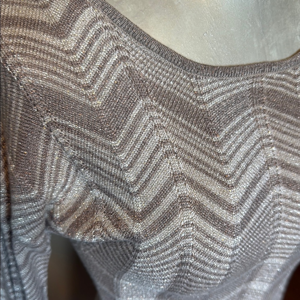 Express Chevron Metallic Knit Bodycon Dress Tan Cream Silver XS Party Night Out - Picture 4 of 14